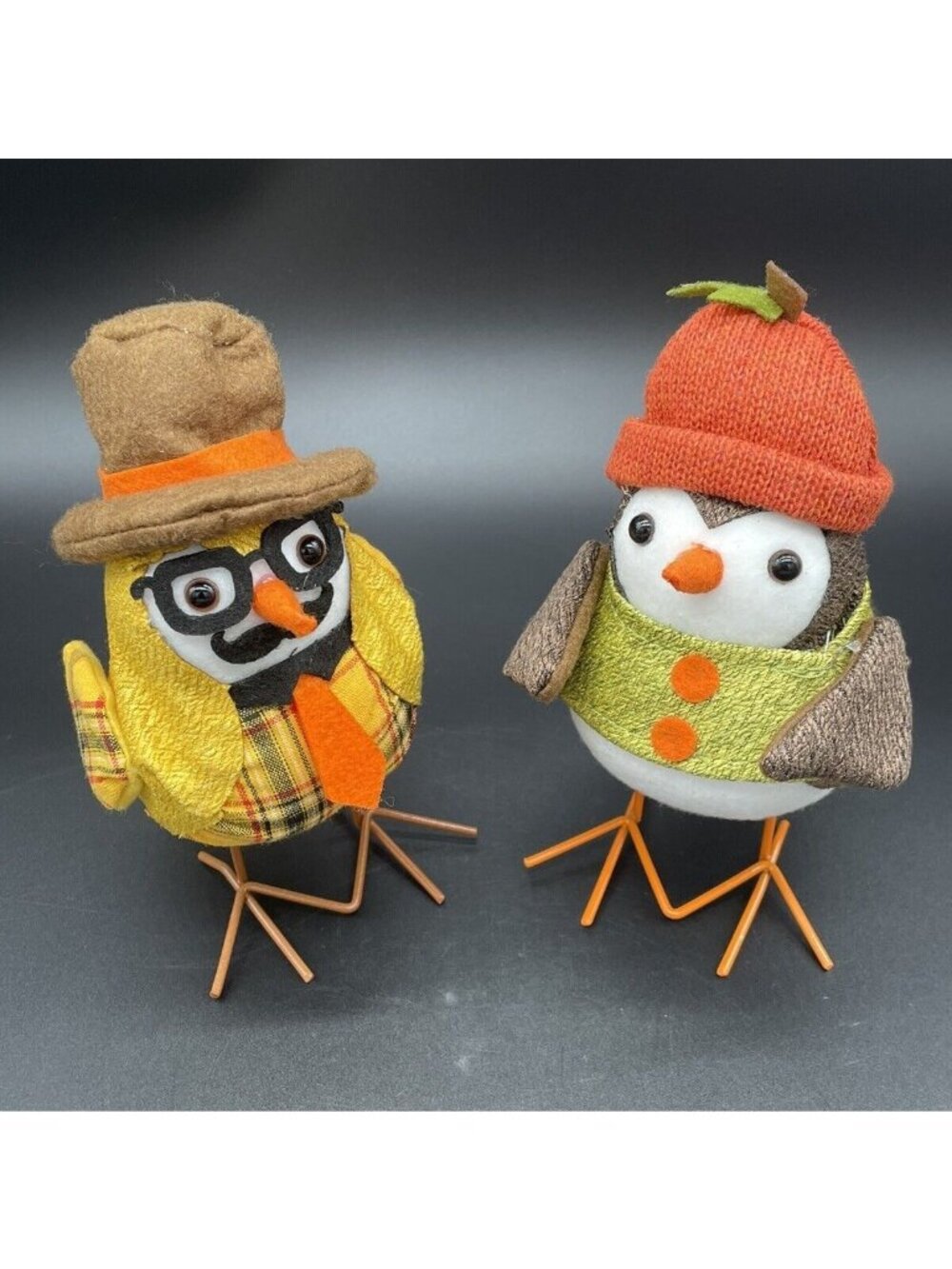 Fall Birds Figurines Anthropomorphic Orange Yellow Kitschy Decor Brown Yellow